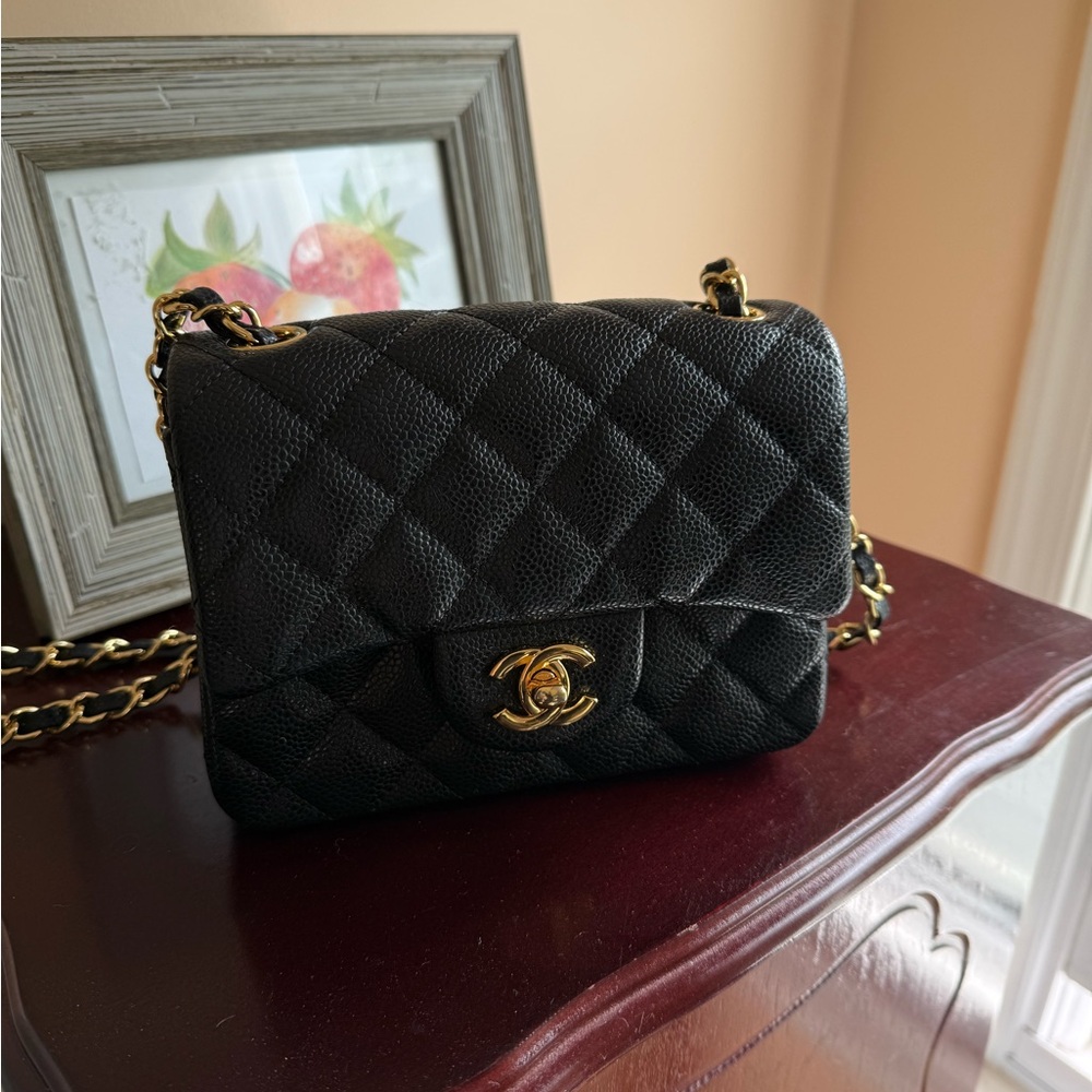 Black Shoulder Bag with long gold chain